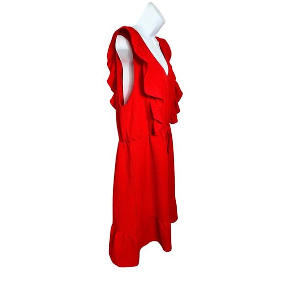 Shein Curve Red V-Neck Ruffled Dress Sz 1XL Sleeveless Elastic Waist Knee Length - Picture 4 of 8